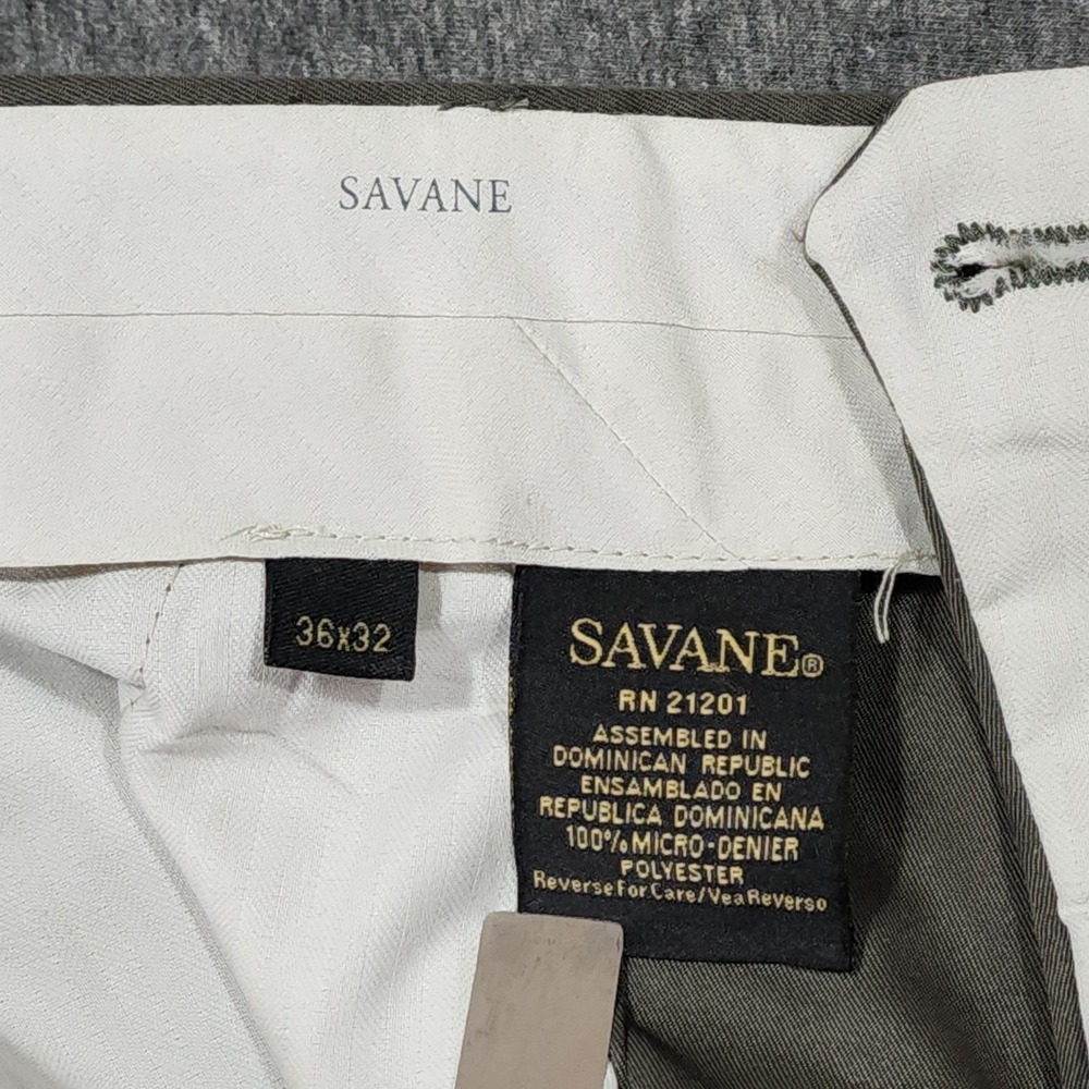 Savane Dress Pants 36x32 Mens Olive Green Pleated Cuffed Micro-Denier Classic - Picture 3 of 10